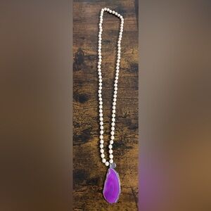 Purple Agate Slice Long Beaded Necklace